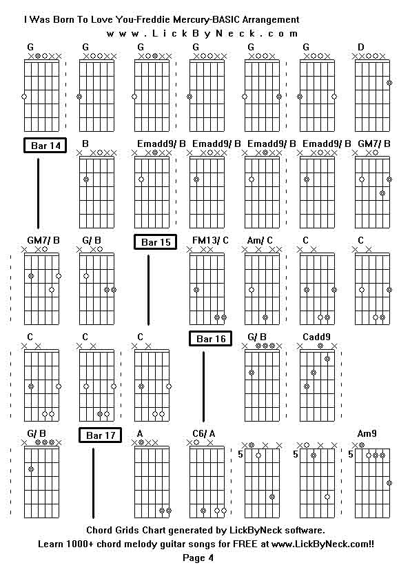 Chord Grids Chart of chord melody fingerstyle guitar song-I Was Born To Love You-Freddie Mercury-BASIC Arrangement,generated by LickByNeck software.